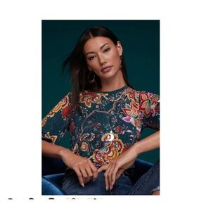 Johnny Was Orizaba Puff Sleeve Knit Green Floral Tee New